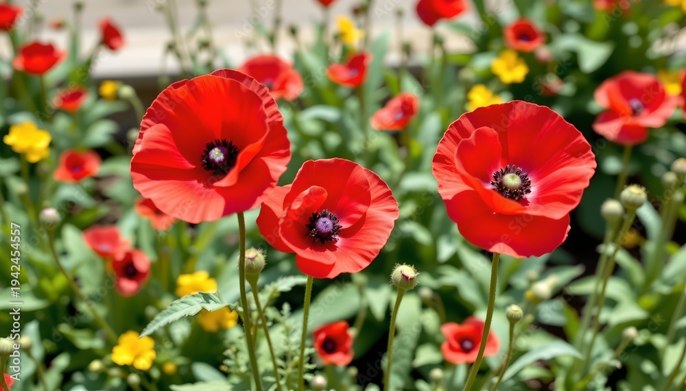 Fototapeta premium Vivid Red Poppies Lush Garden Under Natural Light