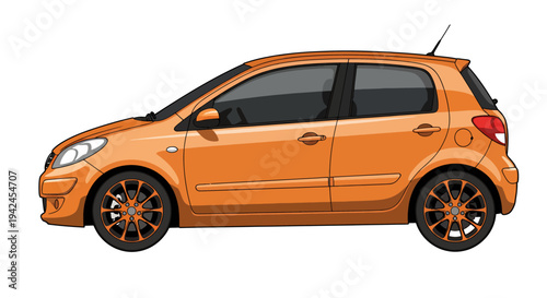 Orange compact hatchback car shown in side profile on a road, with urban setting and gloss finish.