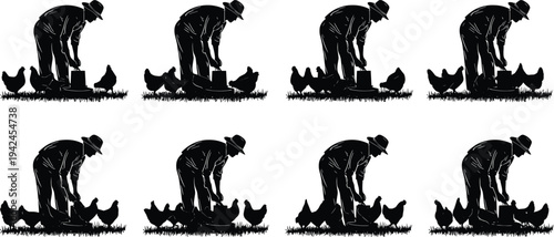 Farmer feeding chickens silhouette vector illustration of poultry farming scene with hens and rooster rural agriculture concept isolated design black clipart style