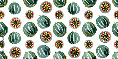 A playful pattern of watercolor painted watermelons on a white background