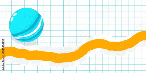 A vibrant blue macaron rests above an orange brushstroke on grid paper