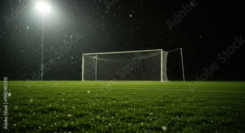 A soccer goal on a green field under a bright stadium light at night