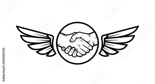 Handshake with wings emblem symbolizing agreement and freedom in a circle.