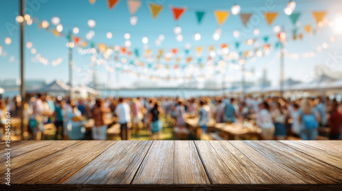 Outdoor festival crowd wooden table summer party sunny celebration colorful bunting empty tabletop blurred people background create joyful scene