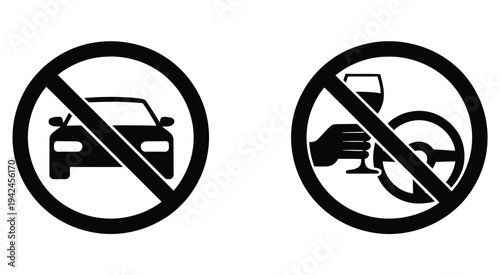 Do, not drink and drive icon set with prohibition signs, alcohol and vehicle warning symbols, road safety and responsible driving concept, clean modern flat vector illustration for transportation,