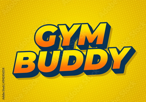 Bold 3d text gym buddy in orange with blue shadow on dotted yellow background, energetic fitness branding