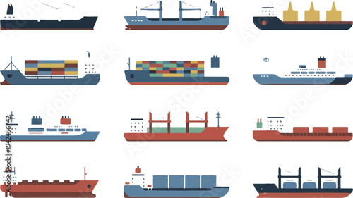 Cargo ship vector set with container vessels oil tankers and freight transport boats for global maritime logistics and shipping