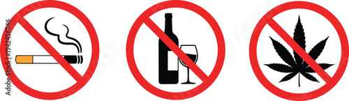 No smoking alcohol and marijuana prohibition signs vector set forbidden symbols health warning stop addiction isolated illustration