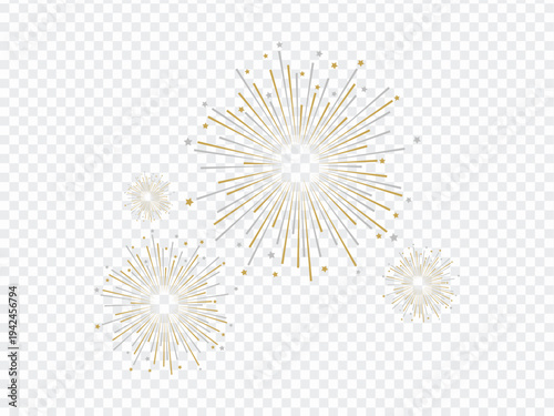 Golden fireworks illustrations on transparent background for celebrations. Happy new year firework, happy birthday firework design element. Vector illustration