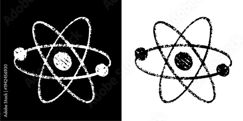 Set editable chalk drawing atom vector for physics lessons. Ideal for symbolizing school science, vintage chemistry, and chalkboard nuclear energy.