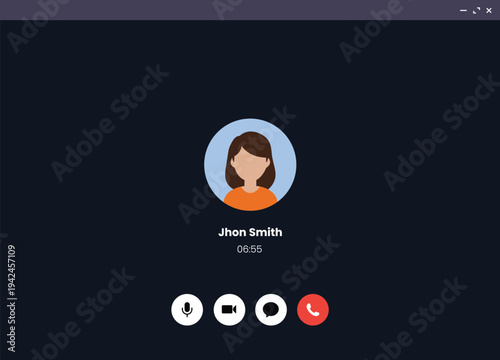 video call interface with a person on screen and communication buttons. Vector illustration. Video call ux/ui design