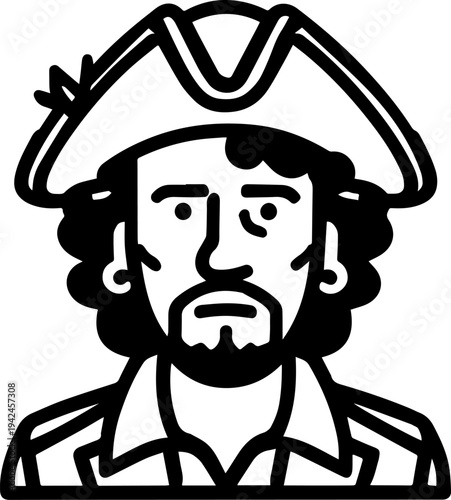 Hand Drawn Male Pirate Black and White Avatar Illustration in Minimal Line Art Style Design