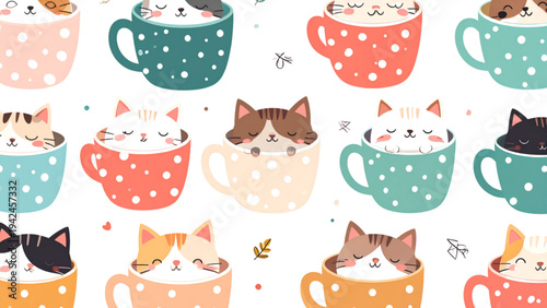 Sleeping Cats in Polka Dot Cups – Cute Kawaii Vector Illustration Set