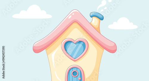 Cute cartoon house with heart window and pink roof