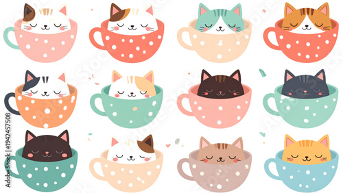 Sleeping Cats in Polka Dot Cups – Cute Kawaii Vector Illustration Set