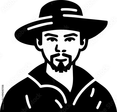 Hand Drawn Male Pirate Black and White Avatar Illustration in Minimal Line Art Style Design