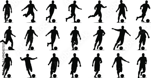Soccer player dribbling ball silhouettes collection football athletes vector set sports action movement isolated illustration