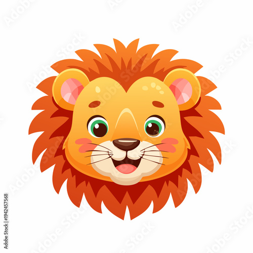 Cute cartoon lion head with orange mane smiling cheerfully