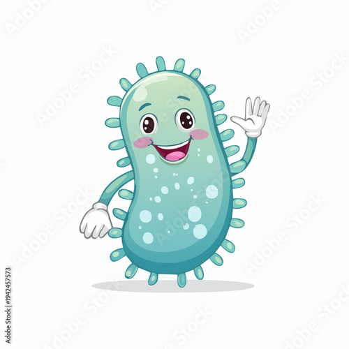 Cute cartoon microbe character waving hand cheerfully
