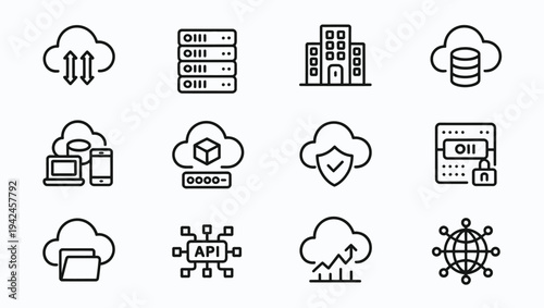 Collection of cloud computing and data center icons, illustrating digital services and technology.