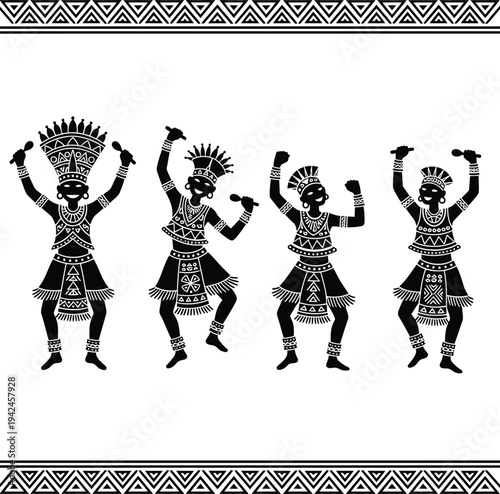Ancient tribal dancers in traditional attire performing ritual dance