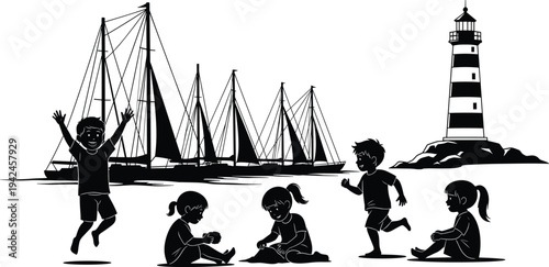 Silhouette of children playing on beach with sailing boat and lighthouse background featuring happy kids jumping and building sandcastles during summer
