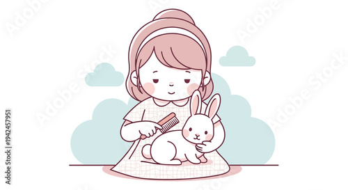 Cute girl brushing her white pet rabbit illustration