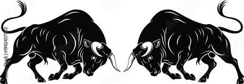 Aggressive black bull mascot illustration featuring two strong powerful charging bulls facing each other for competition financial market or sports logo