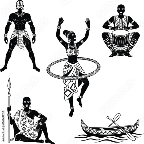 African tribal figures in various traditional poses and activities
