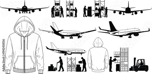 Vector set of logistic icons featuring airplane silhouettes warehouse workers and forklift operations along with a hooded sweatshirt template for fashion design.