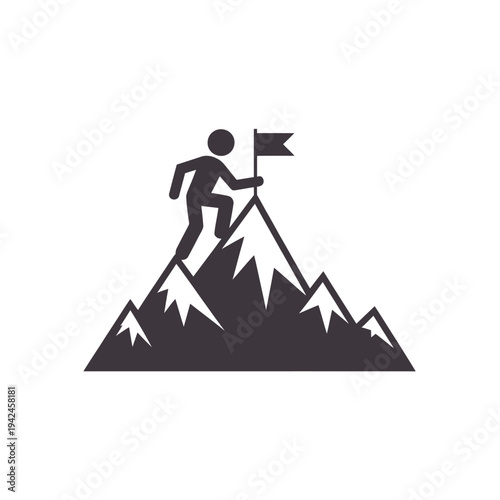 A silhouetted figure triumphantly plants a flag atop a jagged mountain peak