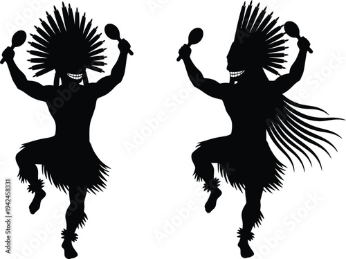 Two traditional tribal dancers in headdresses and skirts silhouette