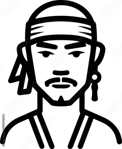 Hand Drawn Male Pirate Black and White Avatar Illustration in Minimal Line Art Style Design