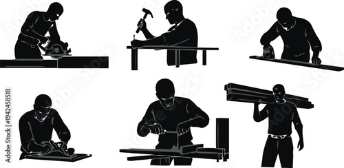 Silhouette of a man performing various construction and carpentry tasks