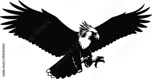 Silhouette eagle soaring with wide open wings and sharp talons vector design