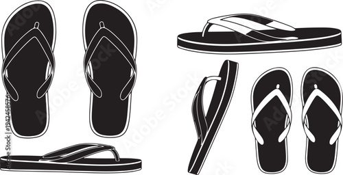Black and white illustration of various styles of flip flops and sandals