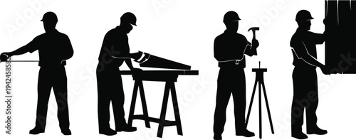 Four construction workers in various work positions on a building site