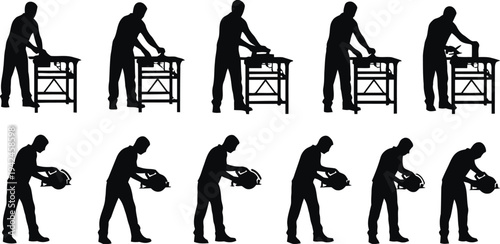 Carpenter Working With Circular Saw Silhouette Set