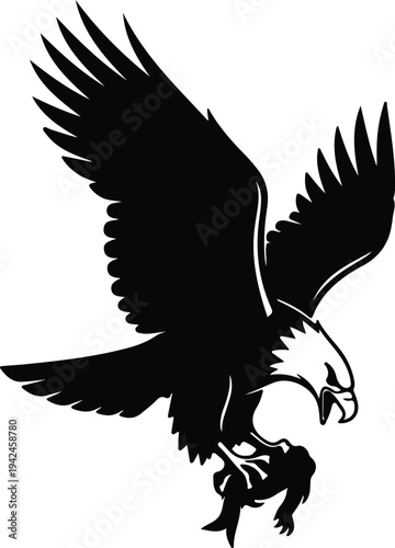 Silhouette flying bald eagle hunting fish prey illustration vector design