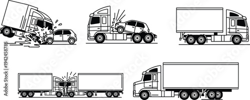 Truck accident and cargo transport icons set, semi trailer collision scenes and delivery vehicle silhouettes, road safety logistics vector illustration