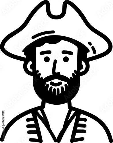 Hand Drawn Male Pirate Black and White Avatar Illustration in Minimal Line Art Style Design