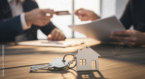 House key with home keychain on table with blurred bank book and credit card.House keys with a house-shaped keychain rest on a wooden table in the foreground while two people exchange a credit card an