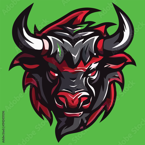 Vector illustration of angry bull head in red, black, and white