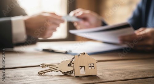 House key with home keychain on table with blurred bank book and credit card.House keys with a house-shaped keychain rest on a wooden table in the foreground while two people exchange a credit card an