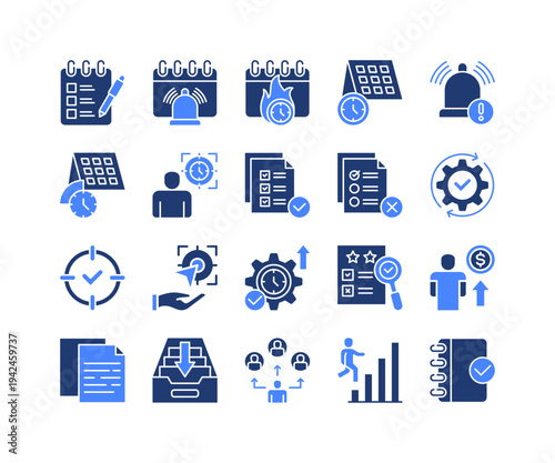 Task Management Icon Collection,  featuring Productivity List, Deadline Reminder, Time Allocation, Task Progress, Archive Storage, Work Delegate, Mission Complete.