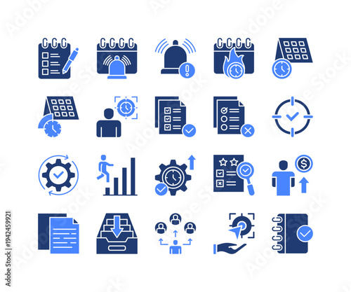 Productivity System Icon Collection,  featuring Notification, Task Completed, Unfinished, Document, Delegate, Goal Setting, Productivity.
