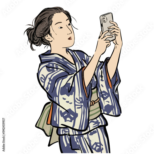 温泉利用のマナーイラスト スマートフォンを使う女性 / Hot Spring Etiquette Illustration- Woman Using a Smartphone