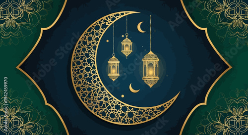 Crescent Moon with Lanterns Islamic Symbol.