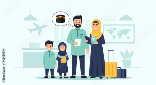 Family with Luggage at Airport Terminal.