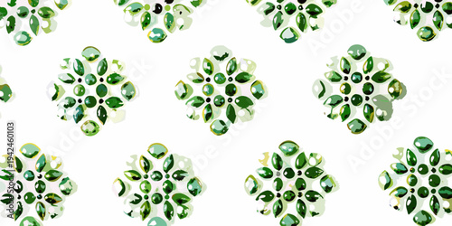 A repeating pattern of stylized green floral shapes on white